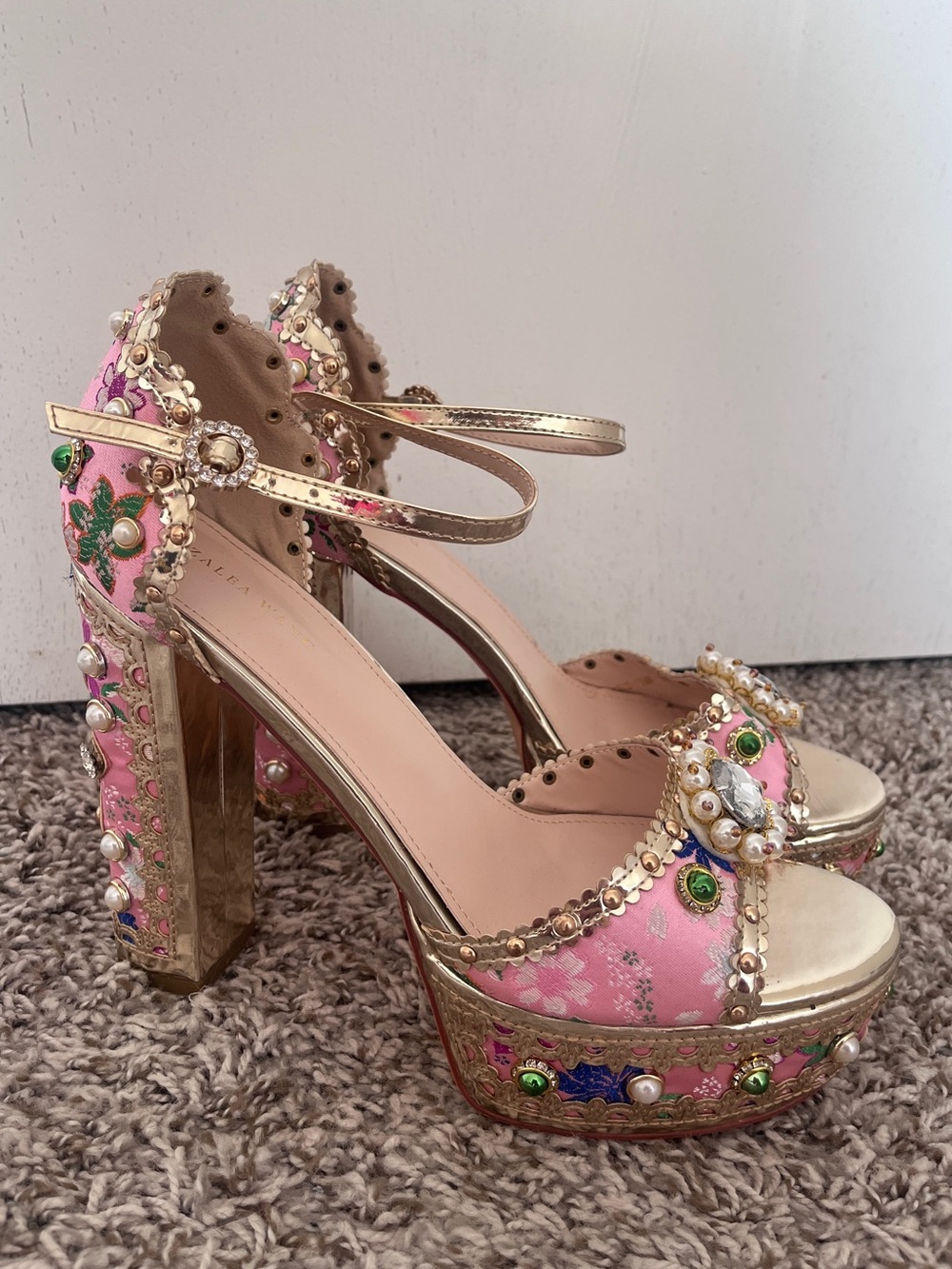 Pink Jeweled Platform Heels with Gold Trim